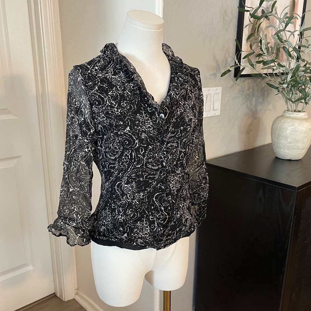 ICE Silk Ruffle Blouse Womens PM Black Paisley Beaded Sheer Sleeve Y2K Top